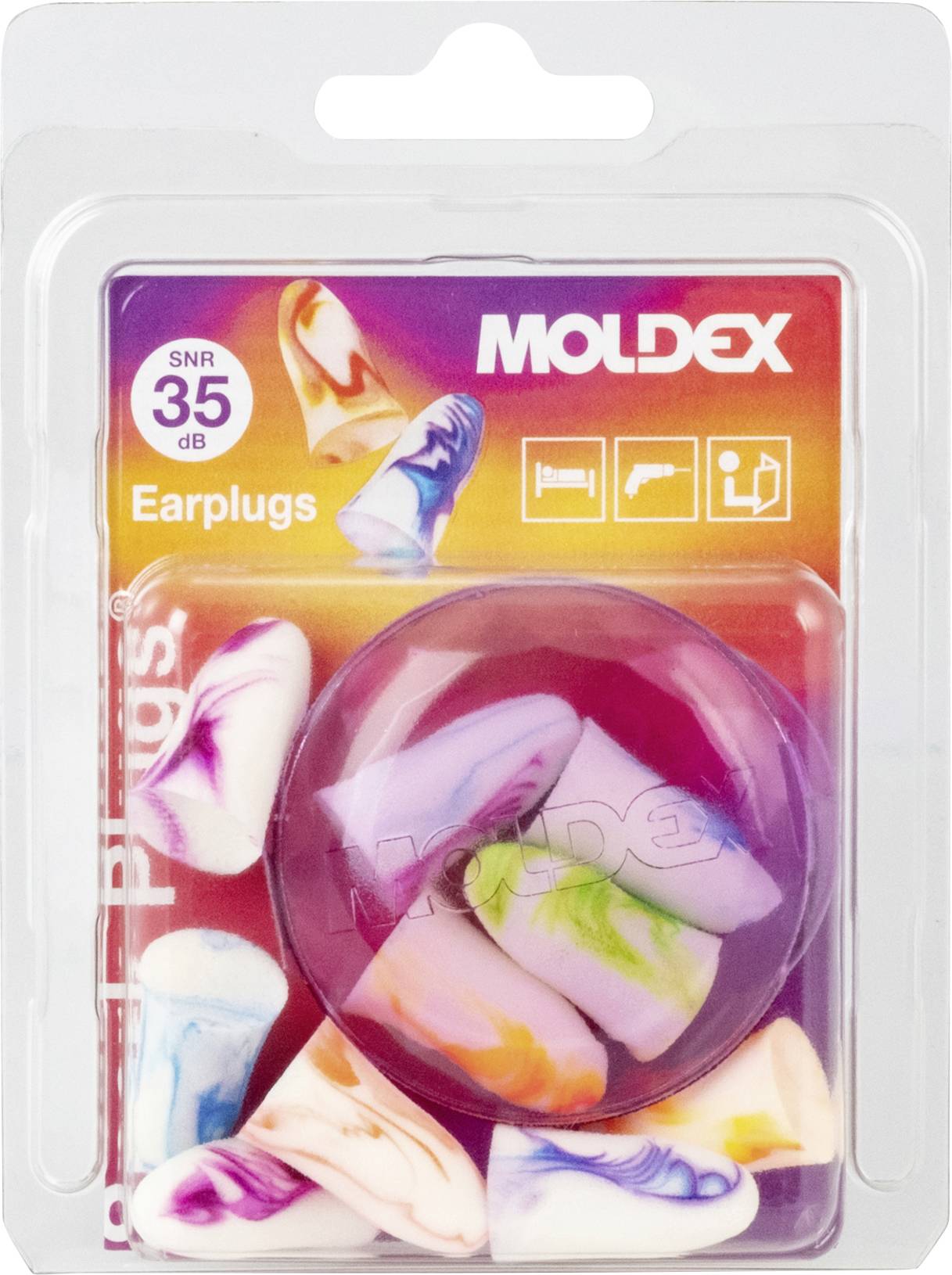Opakowanie zatyczek do uszu Moldex z SNR 35 dB, pokazujące kolorowe piankowe zatyczki do uszu w przezroczystym opakowaniu detalicznym typu blister.