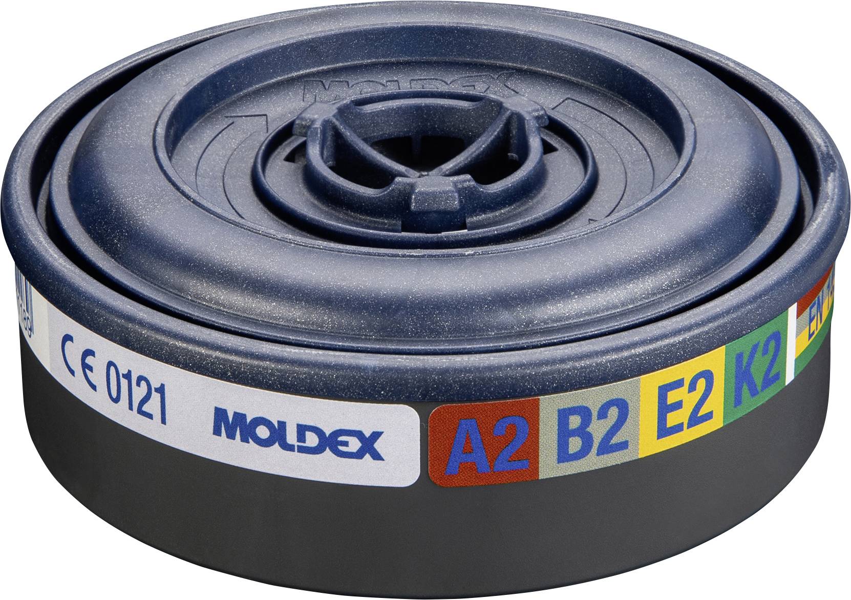 Okrągły wkład filtracyjny respiratora Moldex oznaczony CE 0121 oraz A2 B2 E2 K2.