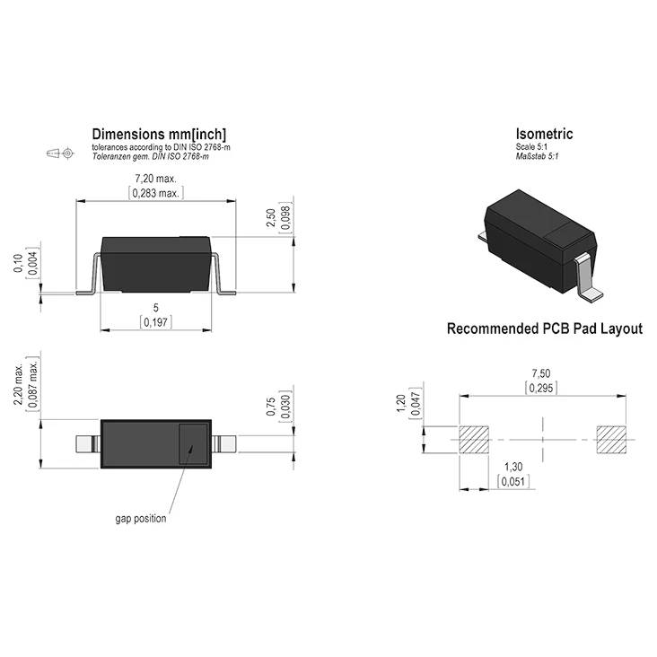 Rysunek opakowania komponentu montażu powierzchniowego z wymiarami, widokiem izometrycznym i zalecanym układem pad PCB.