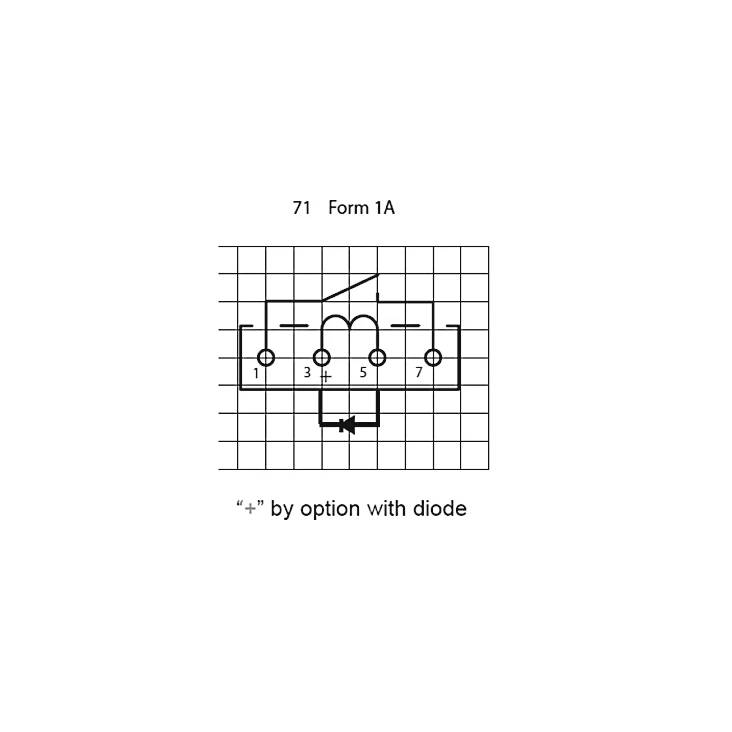 Schematyczny diagram elektryczny oznaczony „71 Formularz 1A" pokazujący obwód styku/cewki z zaciskami 1, 3, 5 i 7 oraz opcją diody oznaczoną „+".