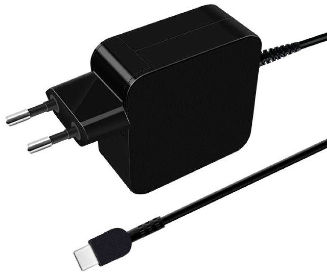 Czarna ładowarka ścienna adapter zasilacza z wtyczką dwuzasilową i dołączonym kablem USB-C na białym tle.