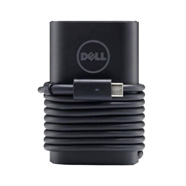 Adapter zasilacza USB-C firmy Dell z poskręcanym czarnym kablem ładowania i widocznym złączem USB-C