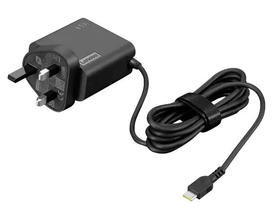 Czarna ładowarka sieciowa Lenovo z wtyczką UK i dołączonym kablem USB-C, pokazana na białym tle.