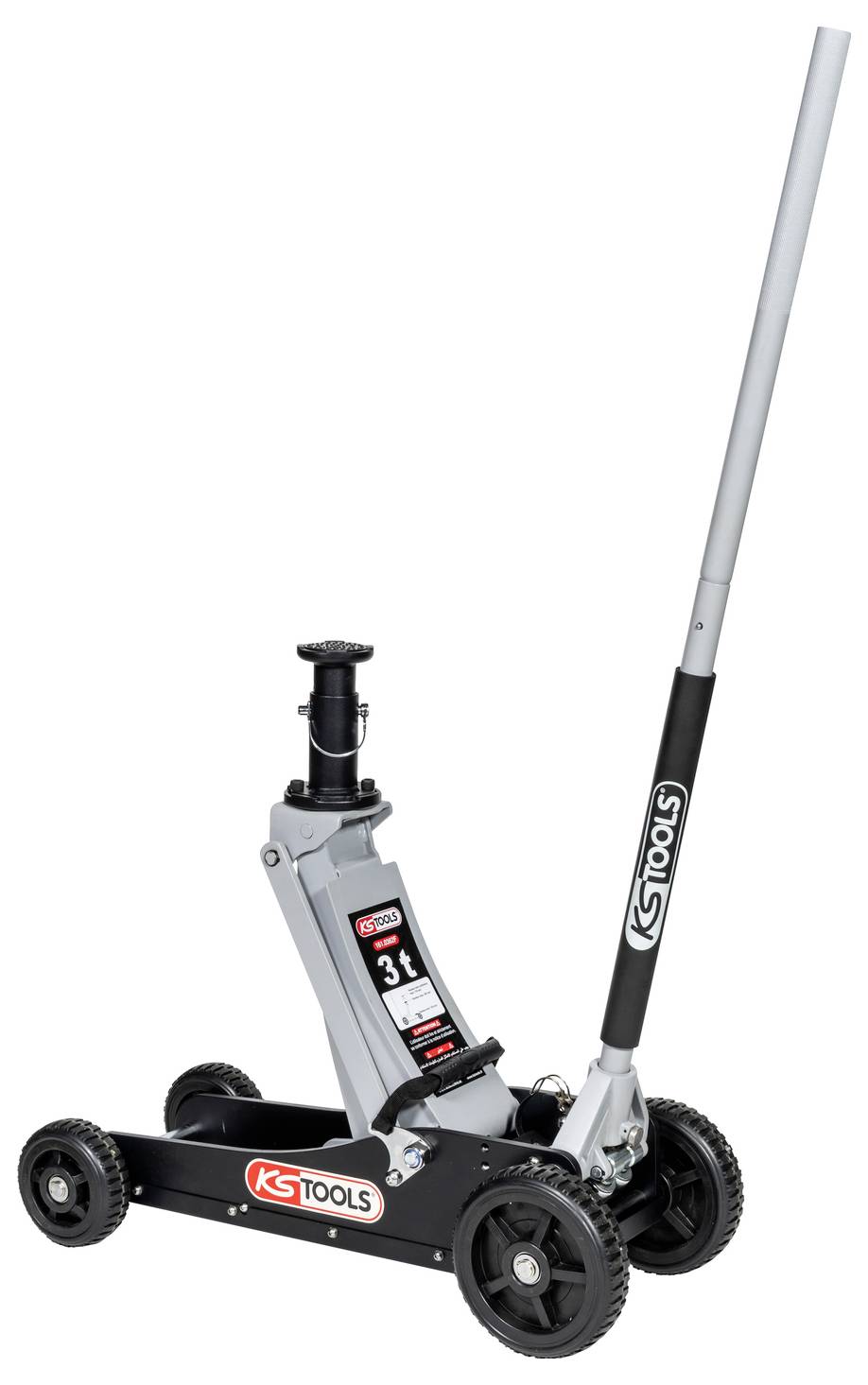 Szary i czarny hydrauliczny podnośnik podłogowy KSTools z długą rękojeścią i czterema kołami, prezentowany na białym tle.