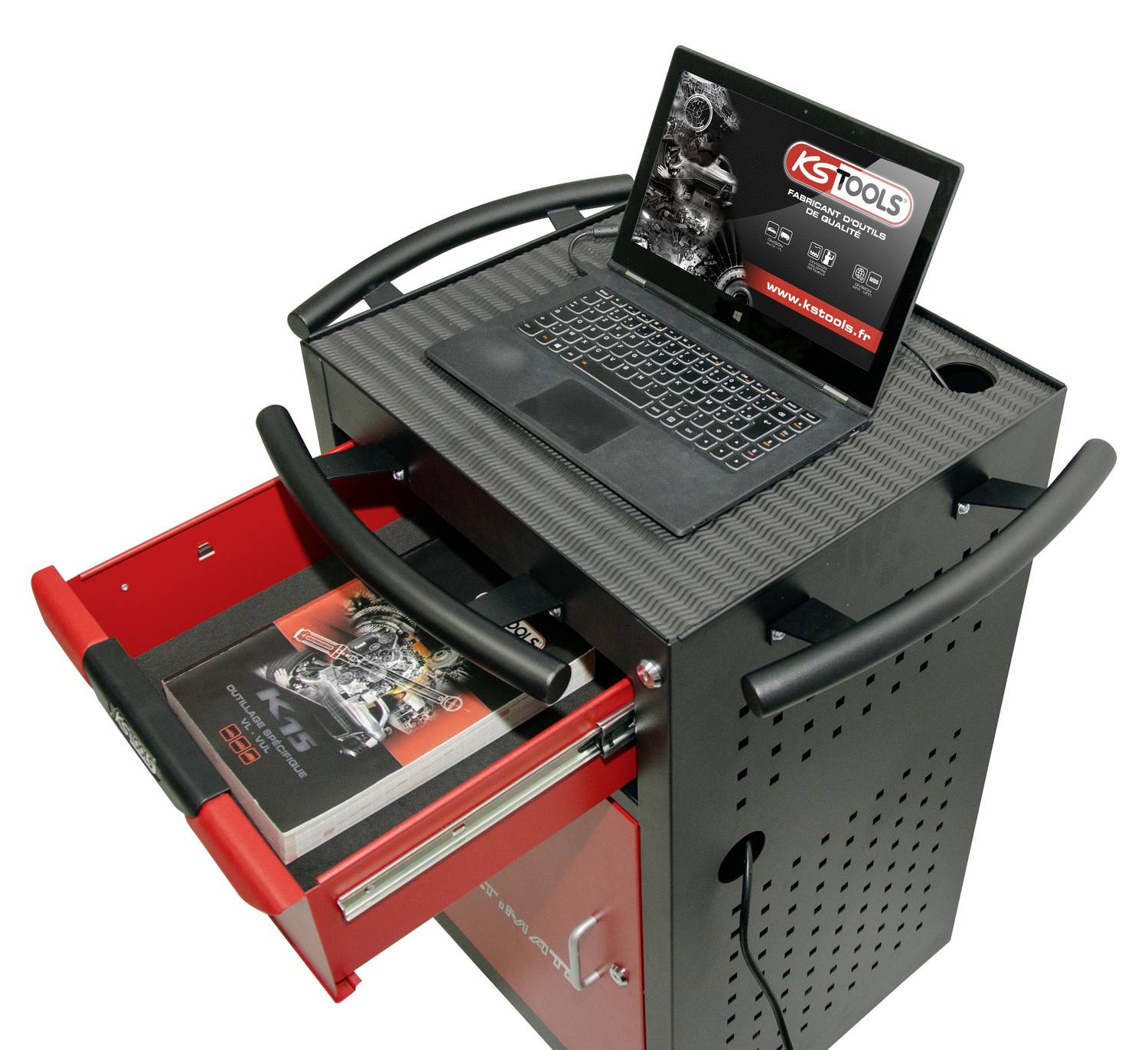 Laptop na wózku narzędziowym na kółkach z otwartą czerwoną szufladą, wyświetlający ekran KS Tools.