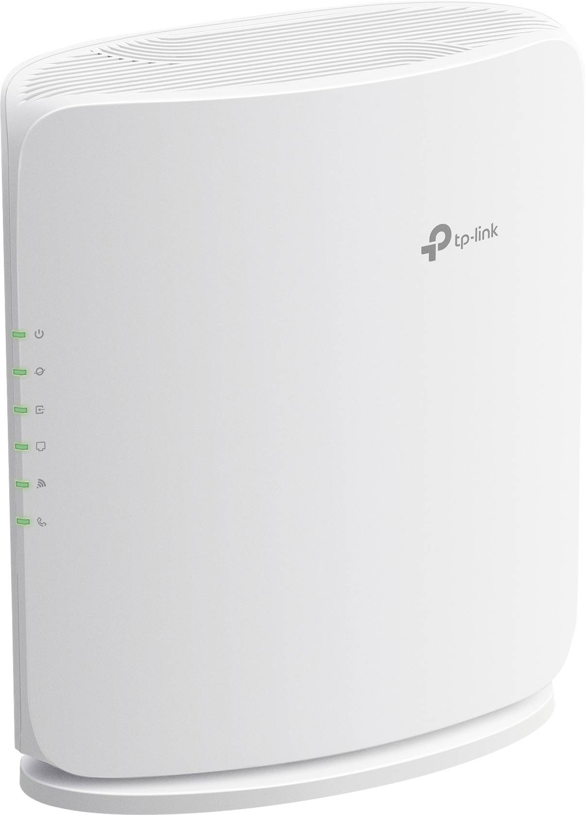 Biały router bezprzewodowy TP-Link lub modem z przednimi wskaźnikami stanu i logo, przedstawiony na zwykłym tle.