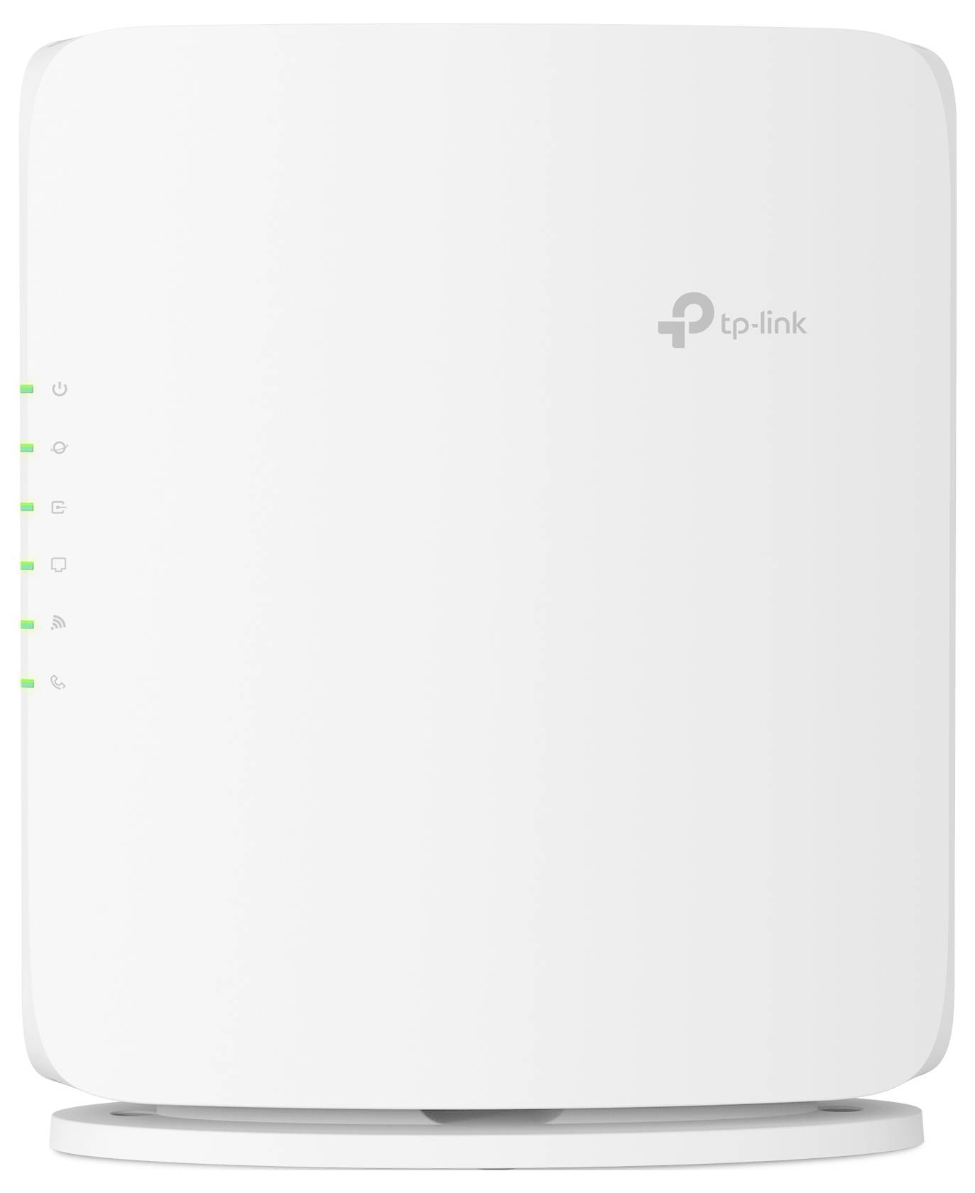 Biały router bezprzewodowy TP-Link stojący pionowo na podstawie, ze wskaźnikami stanu wzdłuż lewej krawędzi.