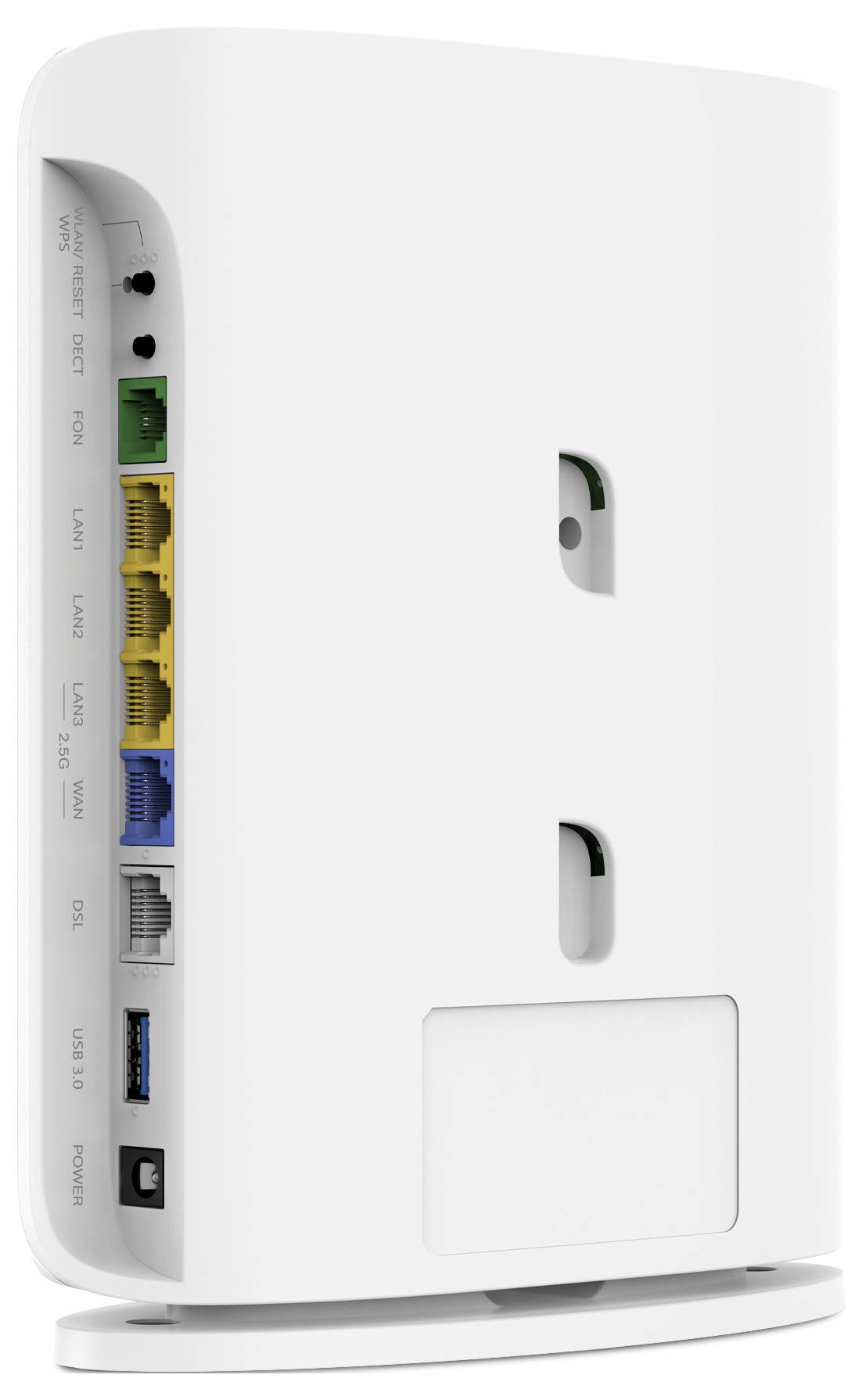 Biały router/modem Wi-Fi pokazany w pozycji pionowej z wieloma portami Ethernet i portem USB na panelu tylnym.