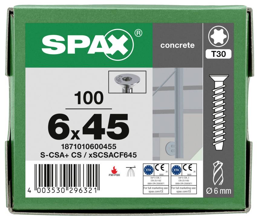 Pudełko śrub do betonu SPAX, oznaczone 6x45, T30, opakowanie 100 sztuk, z kodem kreskowym i ikonami produktu.