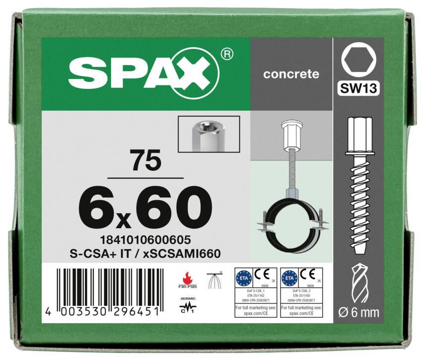 SPAX śruba do betonu w opakowaniu oznaczonym 6x60, SW13, 75 sztuk, z ilustracją produktu i kodem kreskowym.