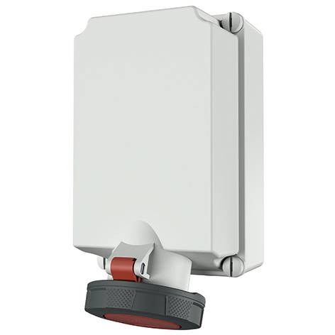 Biały włącznik elektryczny montowany na ścianę lub skrzynka rozłącznika z ochronną czarno-czerwoną osłoną blokującą u dołu.