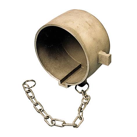 Beżowa metalowa nasadka na rurę z łańcuszkiem do przywiązania, pokazana otwarta, aby odkryć pustą wnętrze i blokujący jezyczek.