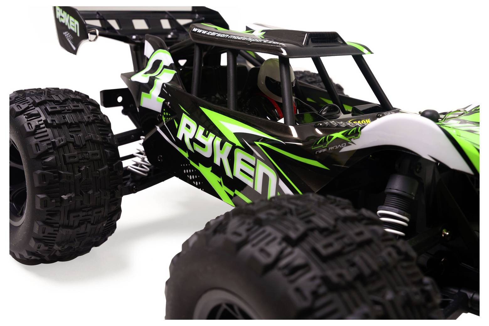 Czarno-neonowozielony terenowy pojazd RC buggy z dużymi bieżnikami o dużych wzorach i brandingiem „RHYKEN", przedstawiony na białym tle.