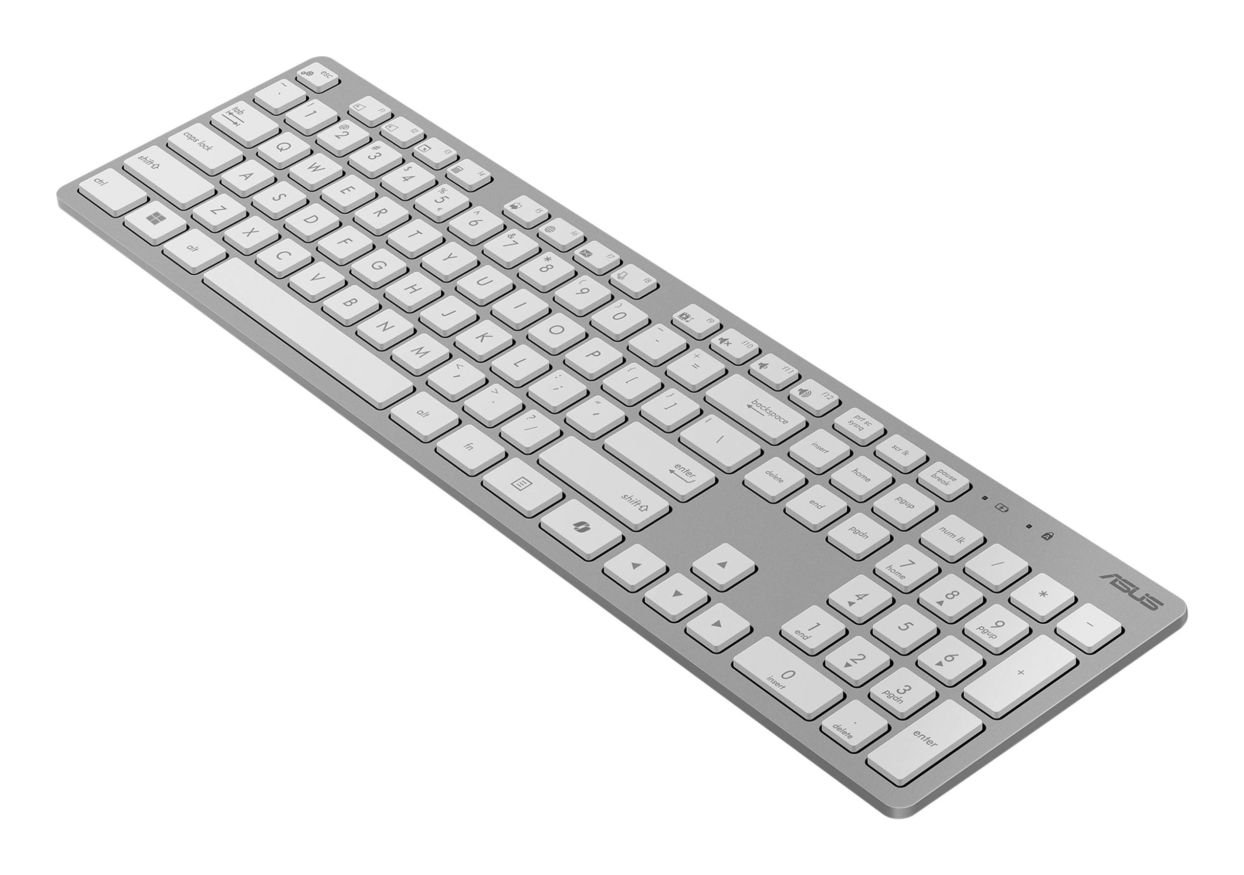 Szczupła biała klawiatura ASUS do komputera pokazana pod kątem na zwykłym tle.