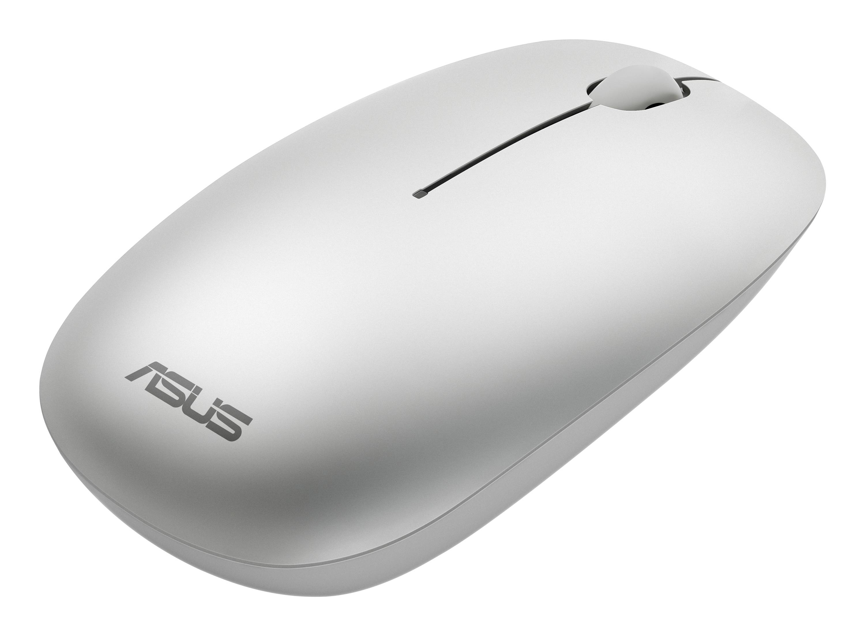 Srebrna bezprzewodowa mysz komputerowa ASUS z pojedynczym kółkiem przewijania, pokazana na białym tle.