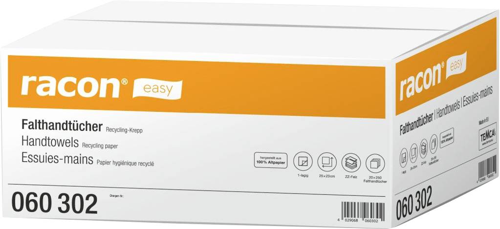 Pudełko łatwo składanych papierowych ręczników do rąk Racon, oznaczone jako „Falthandtücher", „Handtowels" i „Essuie-mains", kod 060 302.