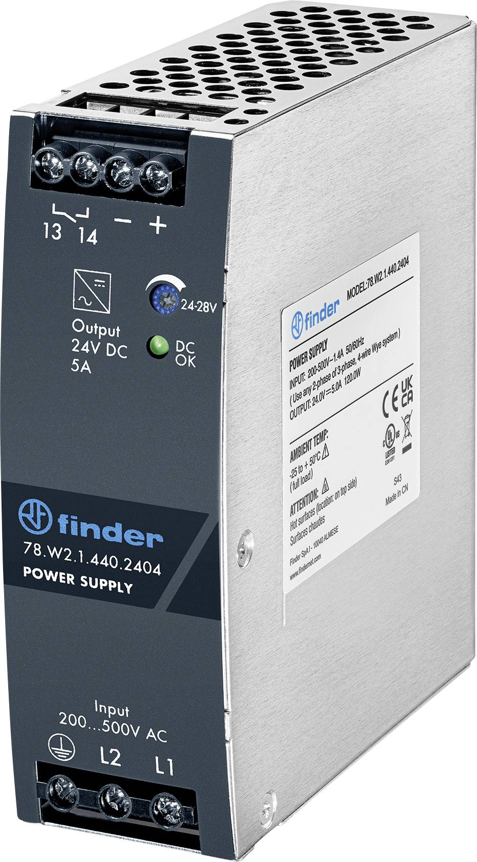 Zasilacz Industrial Finder ze zaciskami śrubowymi, diodami LED stanu i etykietami pokazującymi wyjście 24V DC, 5A oraz wejście 200–500V AC.