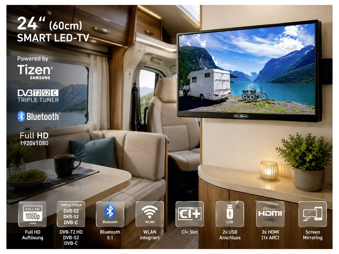 Promocyjny obraz inteligentnego telewizora LED o przekątnej 24 cali (60 cm) przeznaczonego do kampowców, pokazujący funkcje takie jak Tizen, tuner potrójny, Bluetooth, WLAN, slot CI+, USB, HDMI i lustrzane odbicie ekranu.