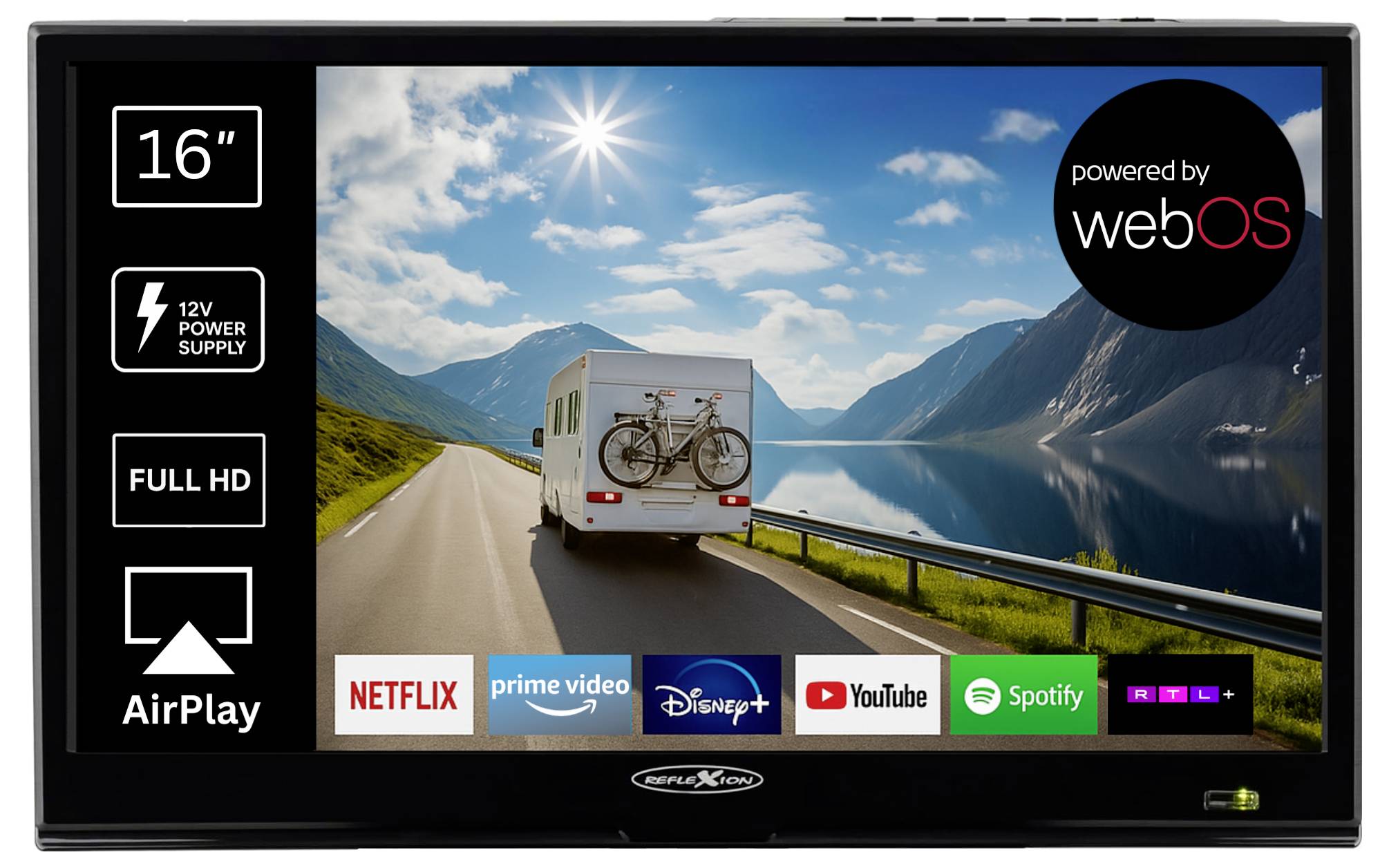 Przenośny wyświetlacz TV Full HD 16 cali z zasilaczem 12V, AirPlay, webOS oraz logo aplikacji streamingowych, wyświetlający na ekranie obraz podróży ze sceną drogi i jeziora.