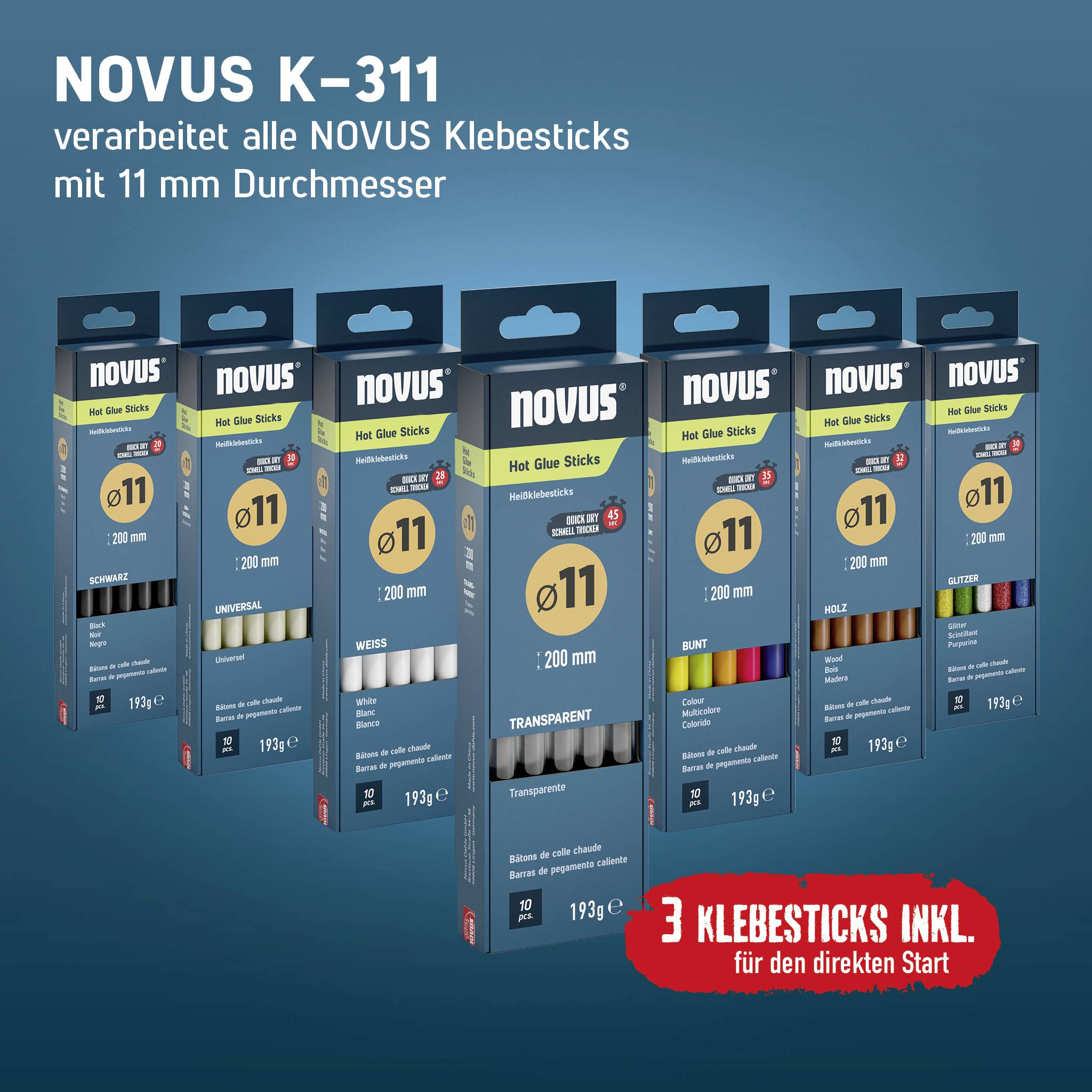 Zakreś drążków do kleju na gorąco NOVUS K-311, średnica 11 mm, przedstawiony w wielowariantowych opakowaniach zbiorczych z czerwoną etykietą stwierdzającą "3 KLEBESTICKS INKL. für den direkten Start".