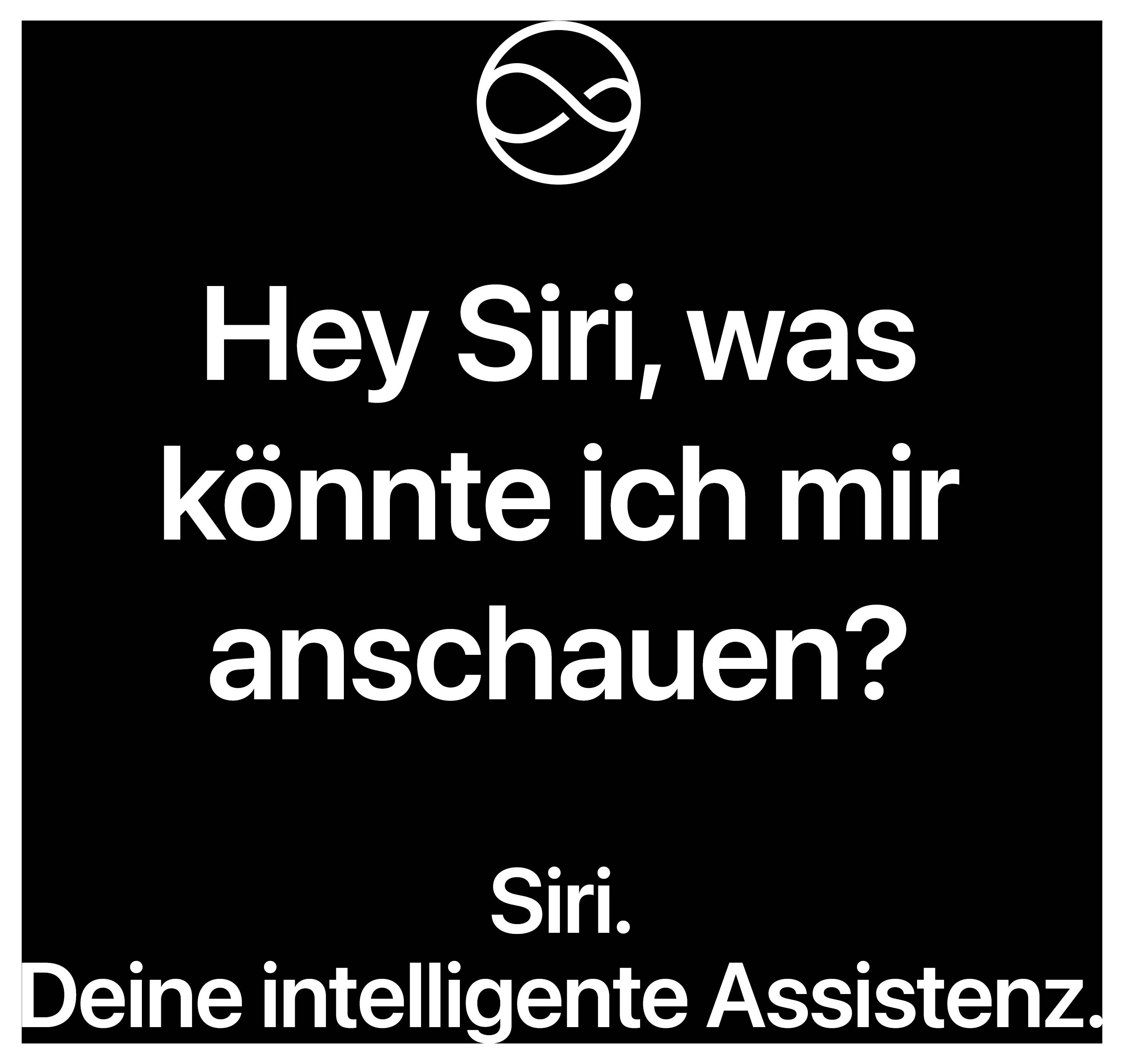 Czarna grafika reklamowa z białym tekstem: "Hej Siri, co bym mógł obejrzeć?" i na dole "Siri. Twój inteligentny asystent."