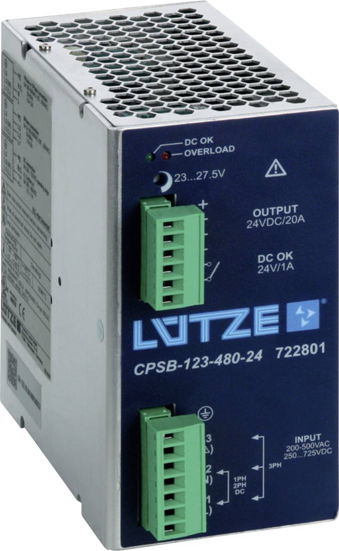 Moduł zasilacza Lutze CPSB-123-480-24 z zielonymi złączami terminalowymi i przednimi wskaźnikami stanu, oznaczony wyjściem 24VDC/20A i wejściem 90-250VAC/250-725VDC.