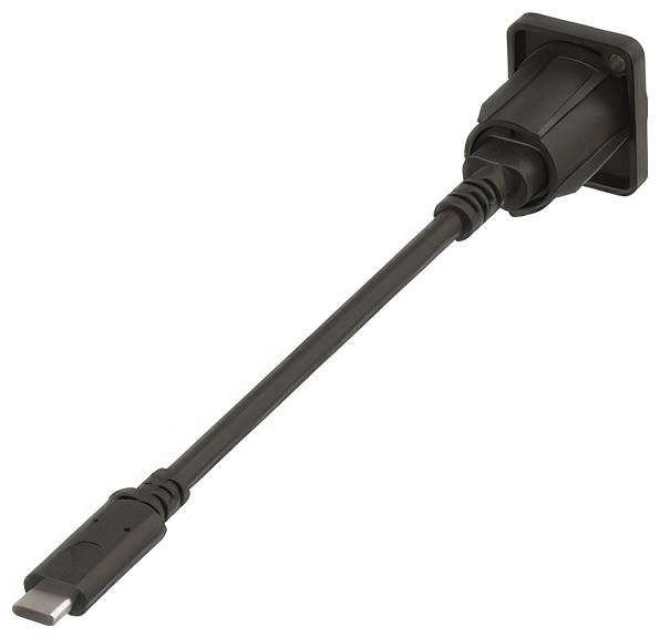 Czarny kabel USB-C z złączem kątowym na białym tle.