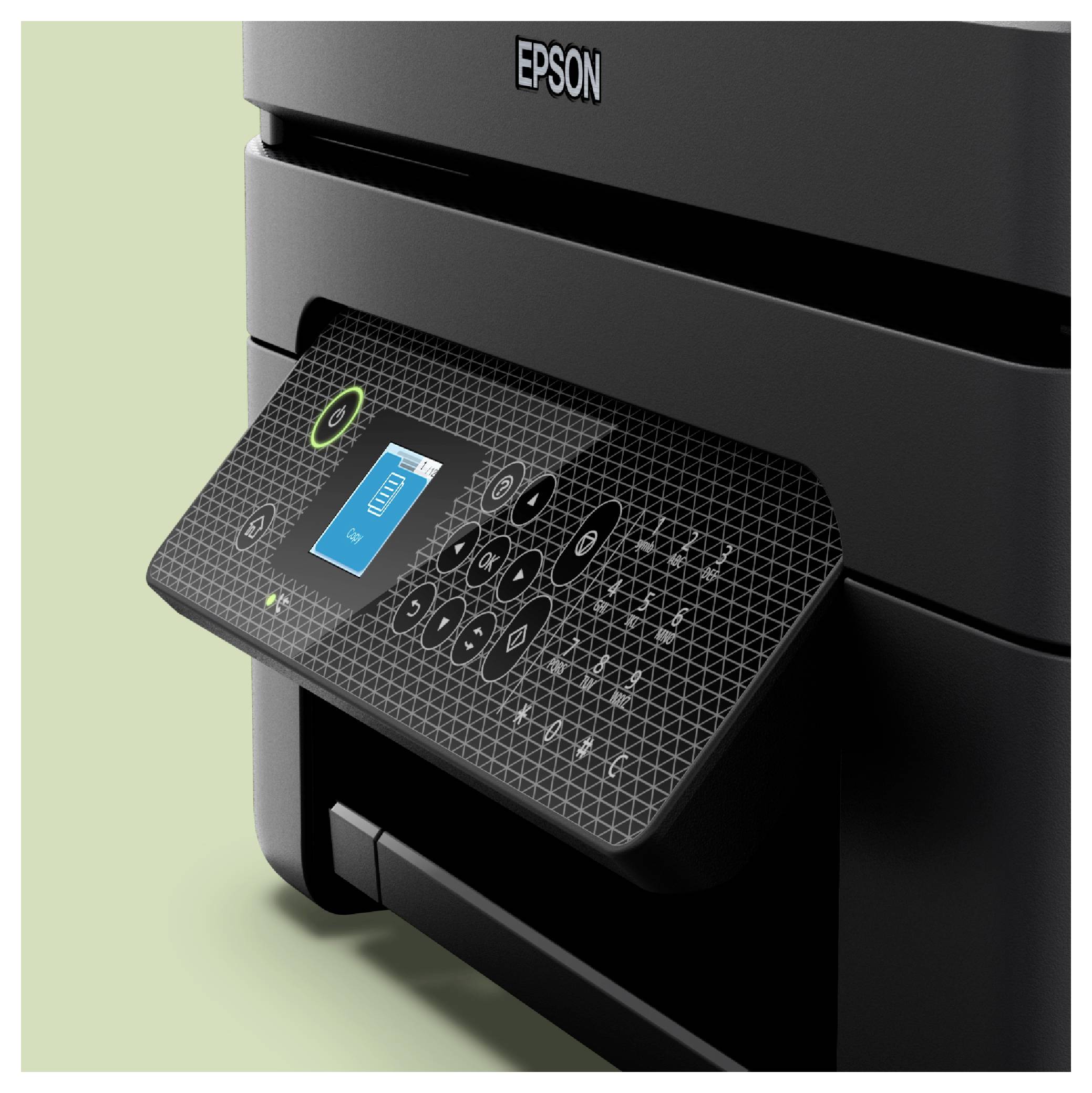 Panel sterowania drukarki Epson z podświetlanym ekranem dotykowym i przyciskami, pokazany pod kątem na przedniej części urządzenia.