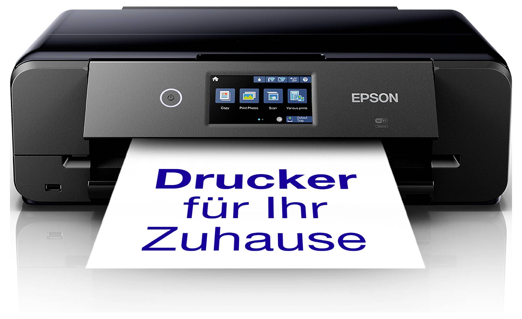 Drukarka Epson drukuje stronę z napisem "Drukarka dla Twojego domu" (drukarka do domu).