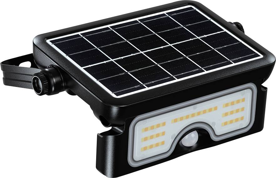Czarny, zasilany energią słoneczną, zewnętrzny reflektor LED z czujnikiem ruchu i regulowanym uchwytem montażowym.
