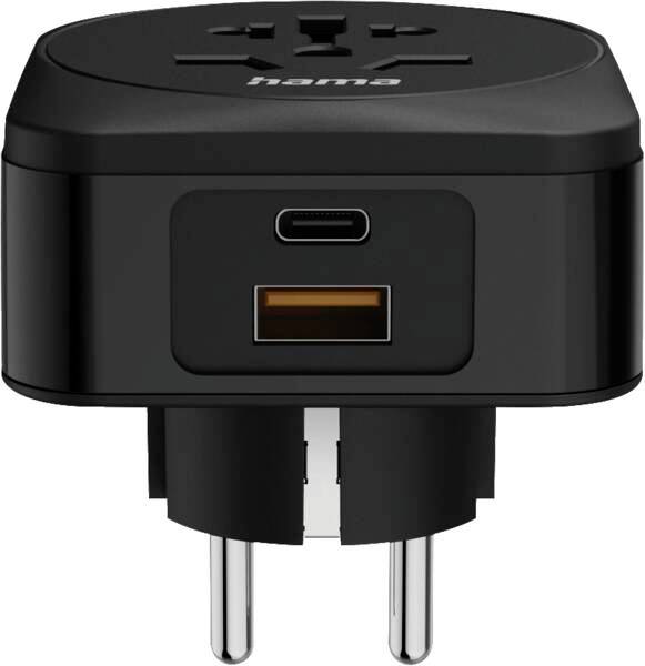 Adapter podróżny Hama czarny z portami ładowania USB-C i USB-A oraz wtyczką dwuprongową