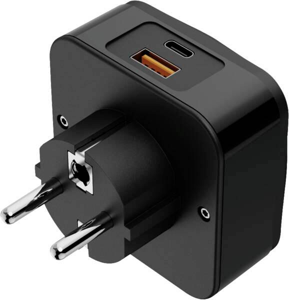 Czarna ładowarka ścienna z europejską wtyczką, jednym portem USB-C i jednym portem USB-A na górze.