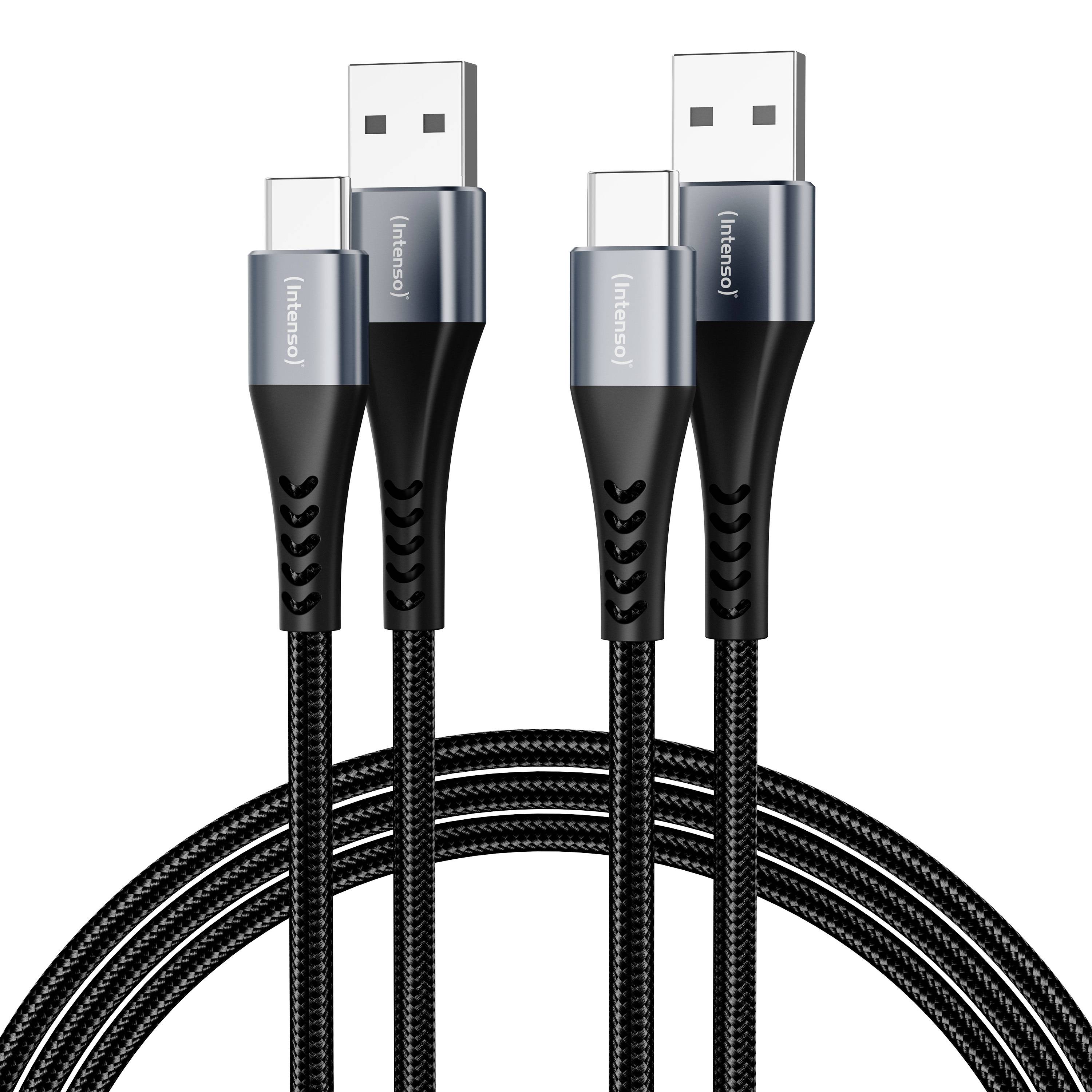 Cztery czarne plecionkowe kable ładujące USB-A, pokazane w zwiniętym stanie z dwoma standardowymi złączami USB-A na każdym końcu.