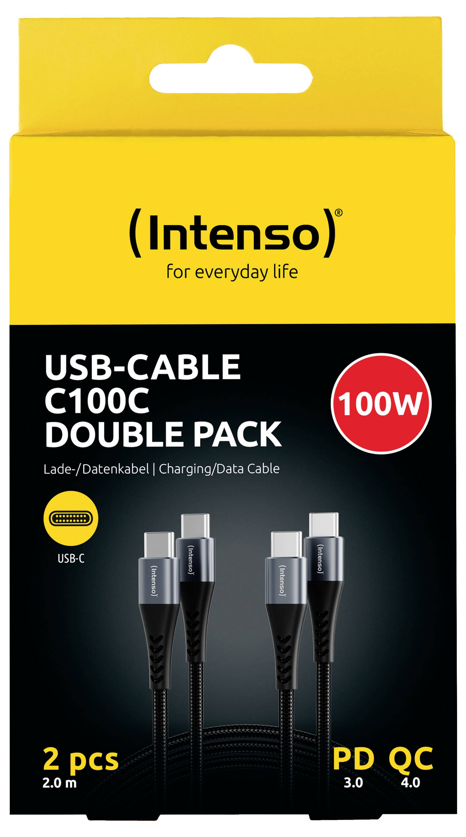 Opakowanie podwójnego zestawu kabli USB-C marki Intenso, oznaczone jako „USB-CABLE C100C DOUBLE PACK" i „100W", pokazujące 2 czarne kable, 2 m, do ładowania/transferu danych.