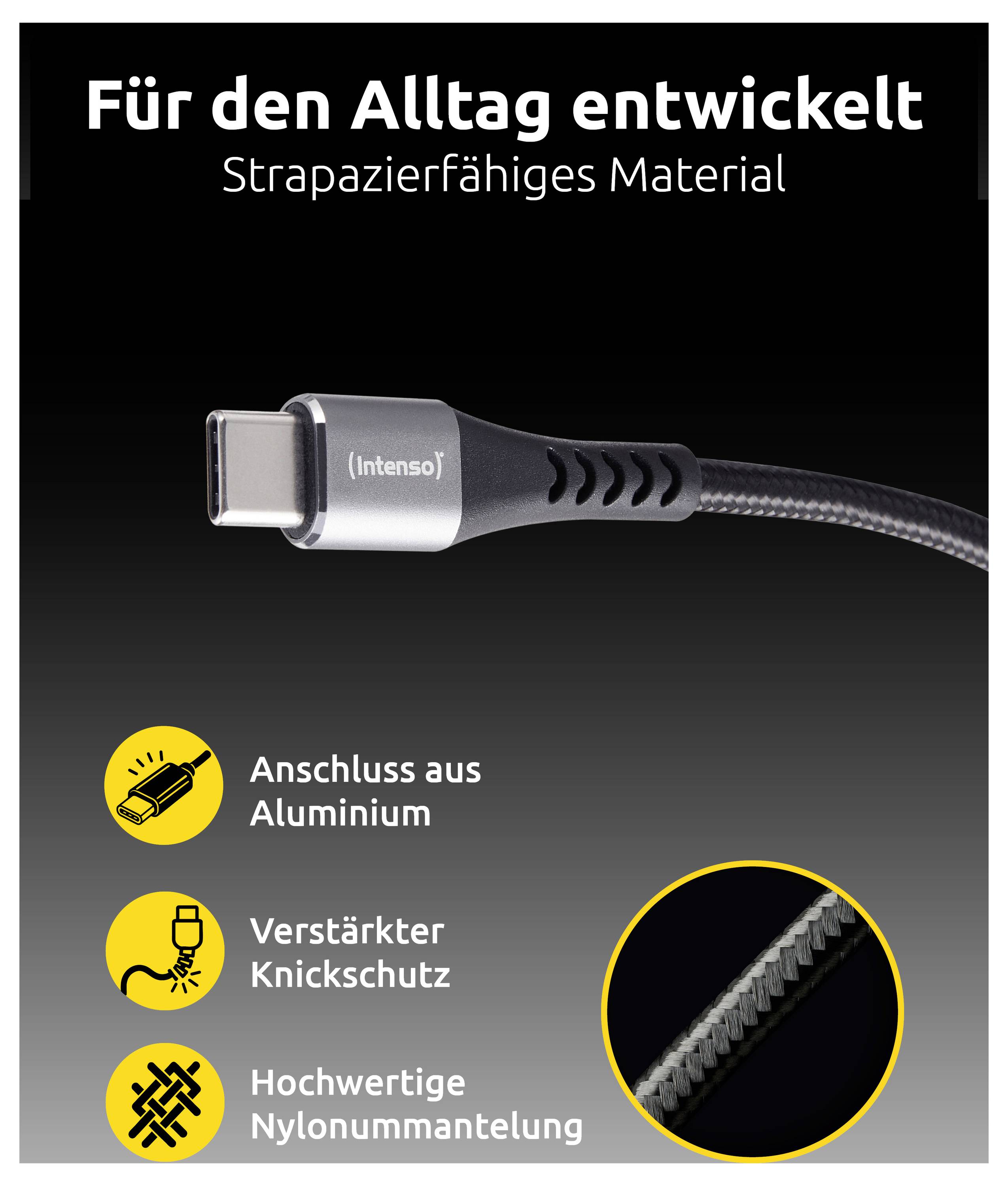 Kabel ładujący USB-C promujący niezawodność na co dzień, z aluminiowym złączem, wzmocnioną ochroną przed zginaniem i wysokiej jakości plecionką nylonową.