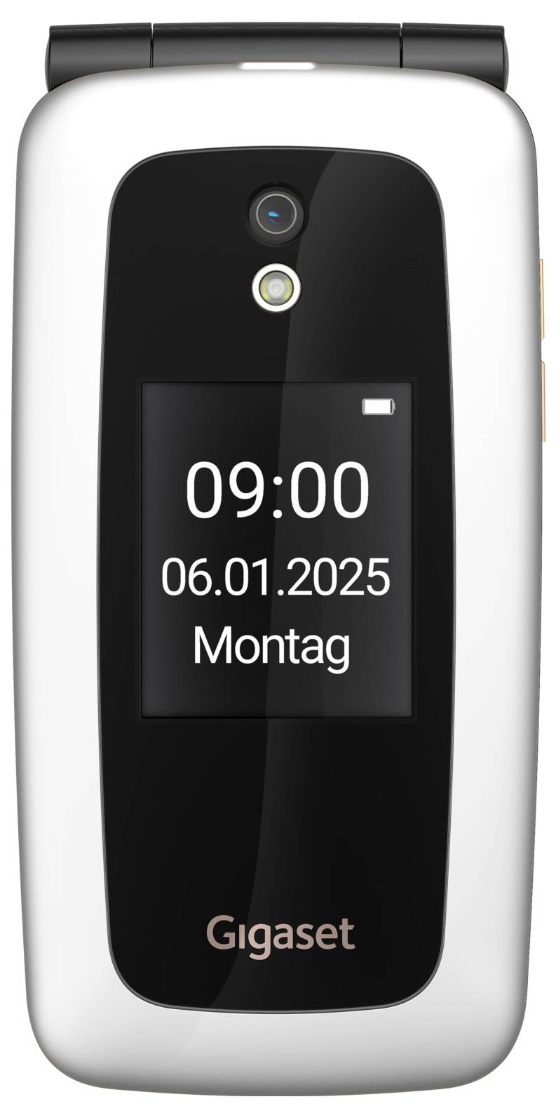 Zamknięty srebrny telefon klapkowy Gigaset z wyświetlaczem zewnętrznym pokazującym godzinę „09:00", datę „06.01.2025" i dzień tygodnia „Poniedziałek".