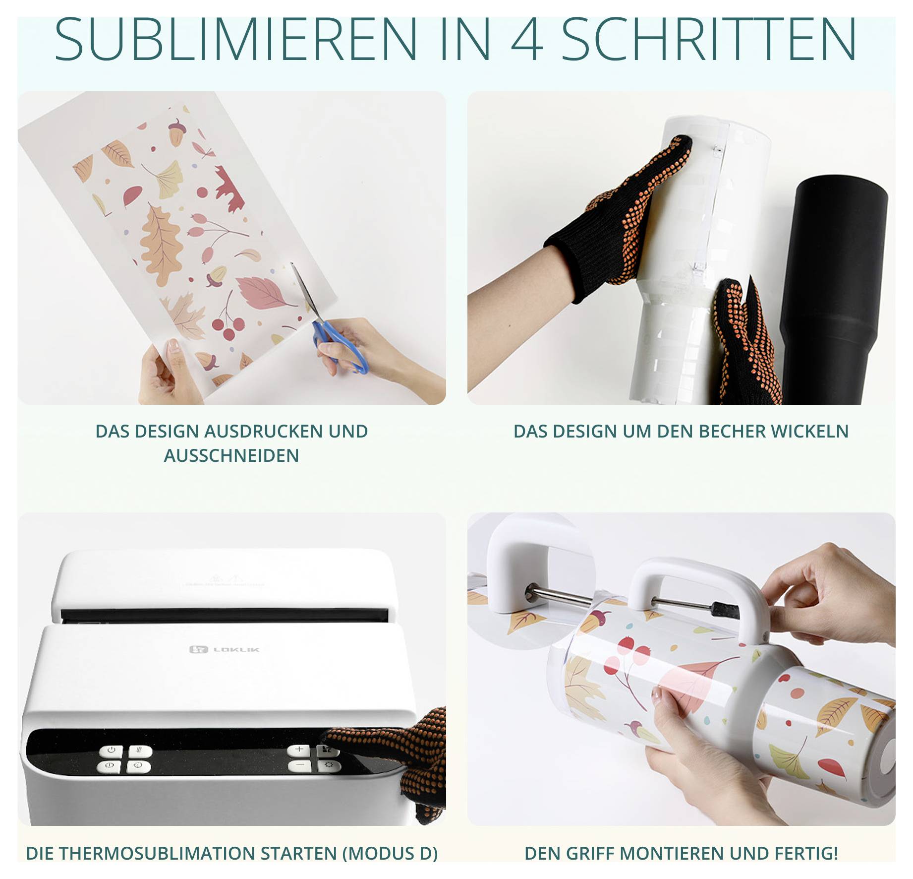 Instrukcja "Sublimowanie w 4 krokach": Wydrukuj i wytnij projekt, owinąć kubek, uruchomić termosublimację, zamontować uchwyt.