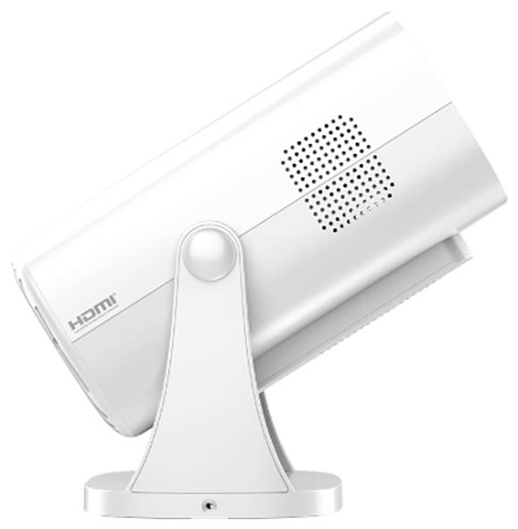 Biały projektor HDMI na obracającym się statywie, pochylony do góry, z wentylacją boczną i kompaktową prostokątną obudową.
