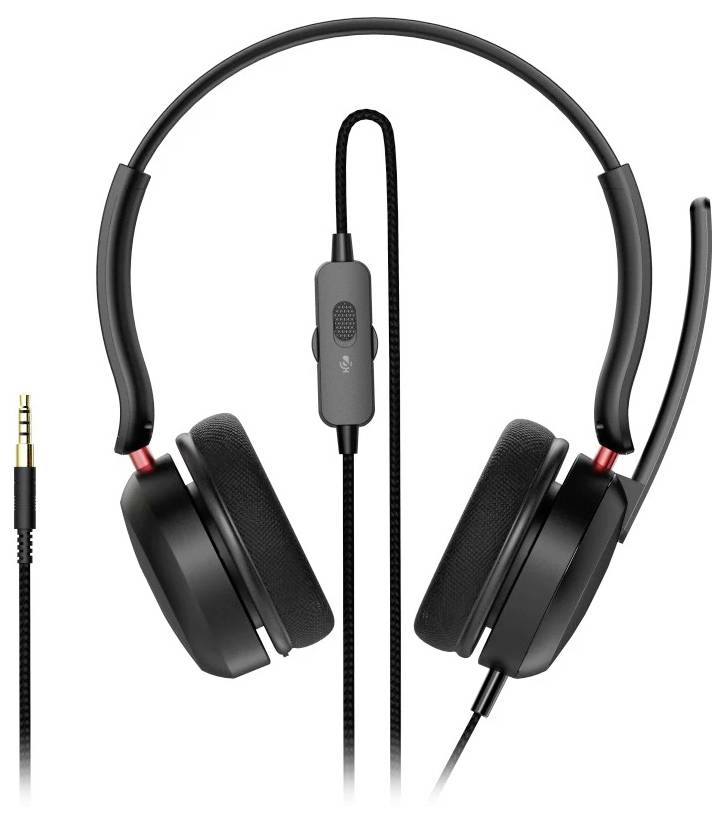Czarny zestaw słuchawkowy typu over-ear z przewodem, wyposażony w mikrofonową gałąź strzałkową i kontrolkę wbudowaną, pokazany na białym tle z gniazdem audio 3,5 mm.