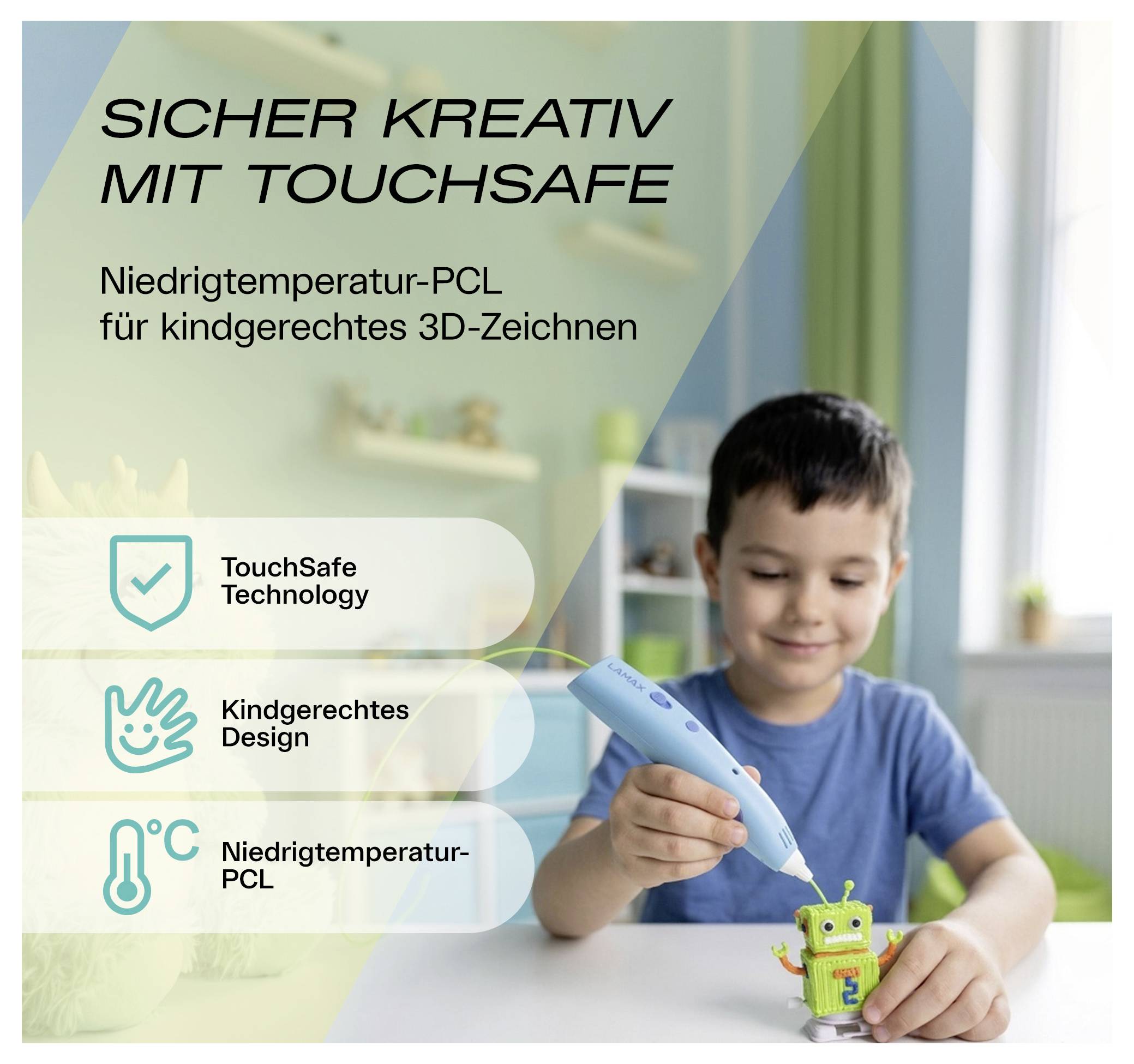 BEZPIECZNIE KREATYWNIE Z TOUCHSAFE<br><br>Niskatemperaturowy PCL do rysowania 3D dostosowanego dla dzieci.