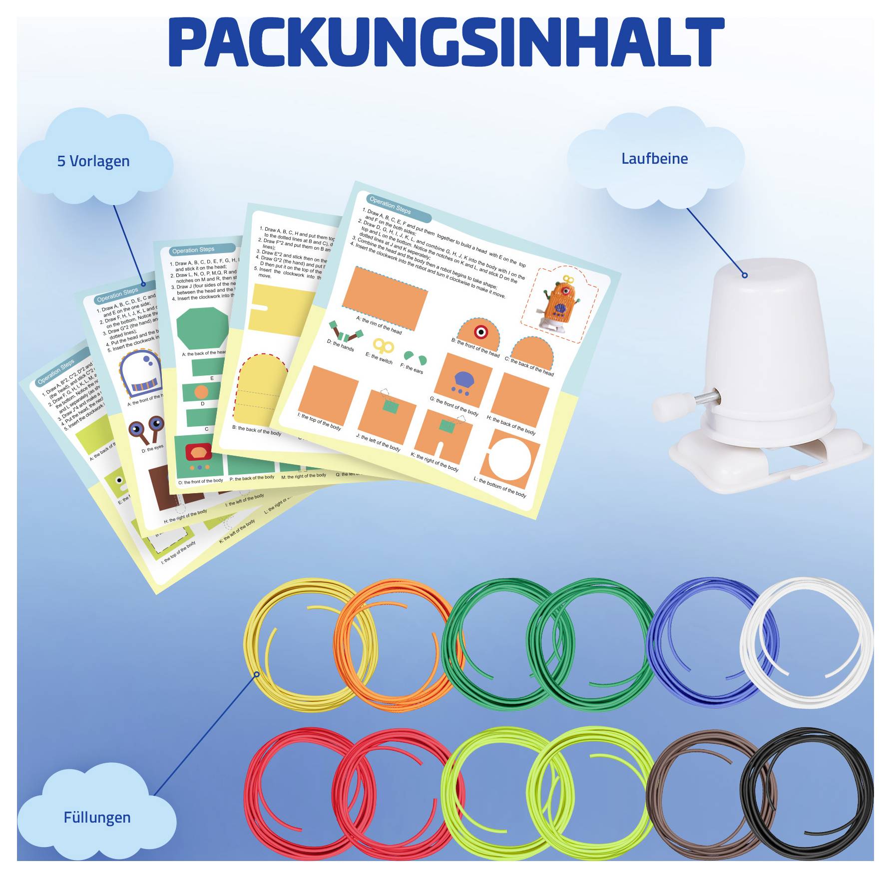 Grafika zawartości opakowania przedstawiająca 5 szablonów, nóżki, wypełnienia oraz zestaw kolorowych pierścieni do złożenia małego produktu lub zabawki.