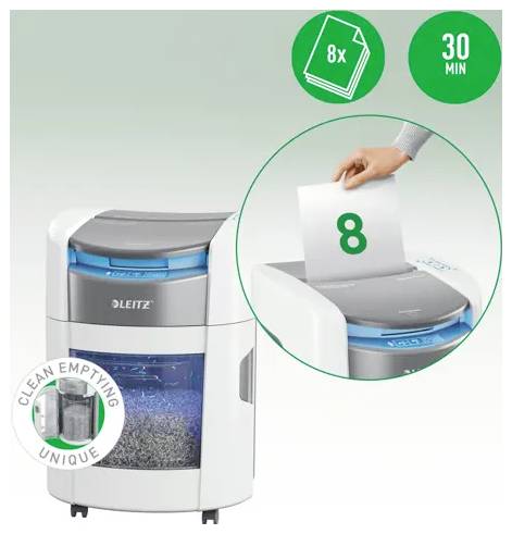 Reklama na urządzenie niszczące papiery marki Leitz o pojemności "8x" i czasie pracy "30 MIN", pokazujące kartkę oznaczoną cyfrą "8" wkładaną do maszyny oraz odznakę funkcji "czyszczenia przy opróżnianiu".