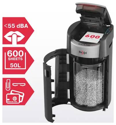 Rexel 2025600XEU Niszczarka 600 ark. Cięcie na drobne elem. 4 x 10 mm P-4 50 l Niszczy także karty kredytowe, zszywki, s-3