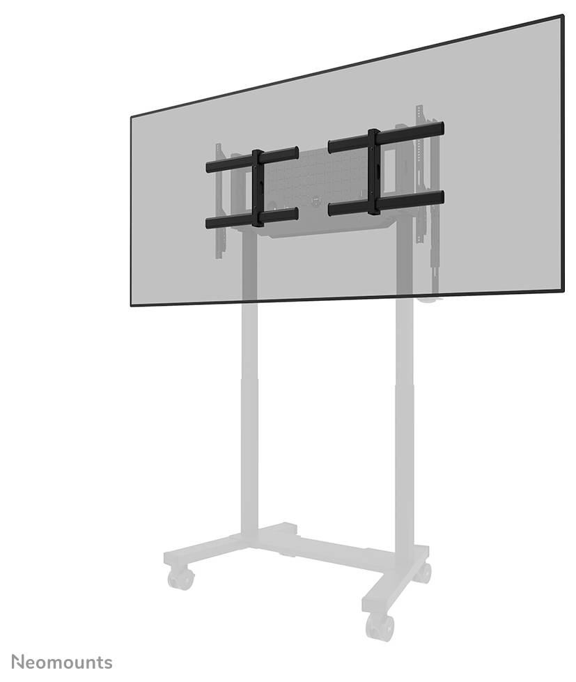 Telewizor płaski zamontowany na mobilnym stojaku z regulowanym dwuramiennym uchwytem, przedstawiony na ilustracji produktu.