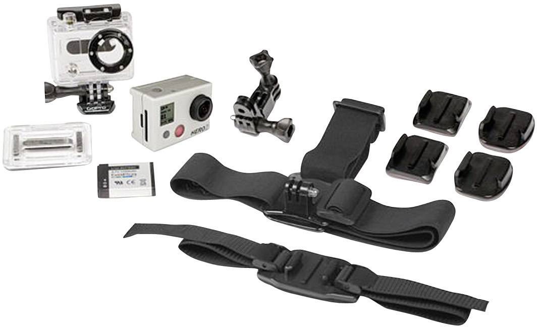 Zestaw kamery GoPro z mocowaniami, baterią, wodoszczelną obudową i różnymi opcjami mocowania. Idealny do aktywności na świeżym powietrzu.