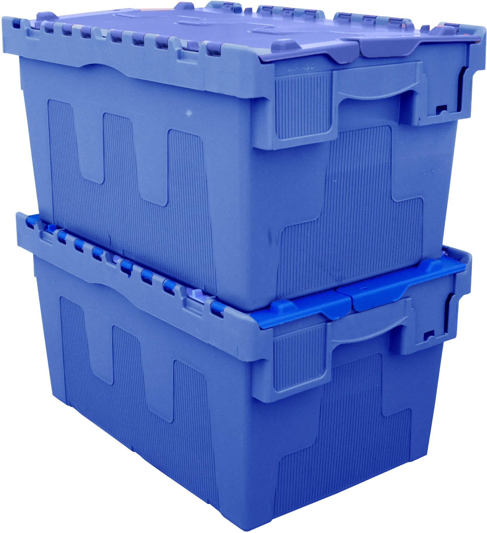 Dwie niebieskie, składowane pudła z tworzywa sztucznego z zamykanymi pokrywkami, odpowiednie do przechowywania lub transportu.