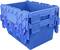 Niebieski, zamykany pojemnik transportowy z tworzywa sztucznego z teksturowanymi ściankami i pokrywą, możliwy do sztaplowania do magazynowania lub transportu.