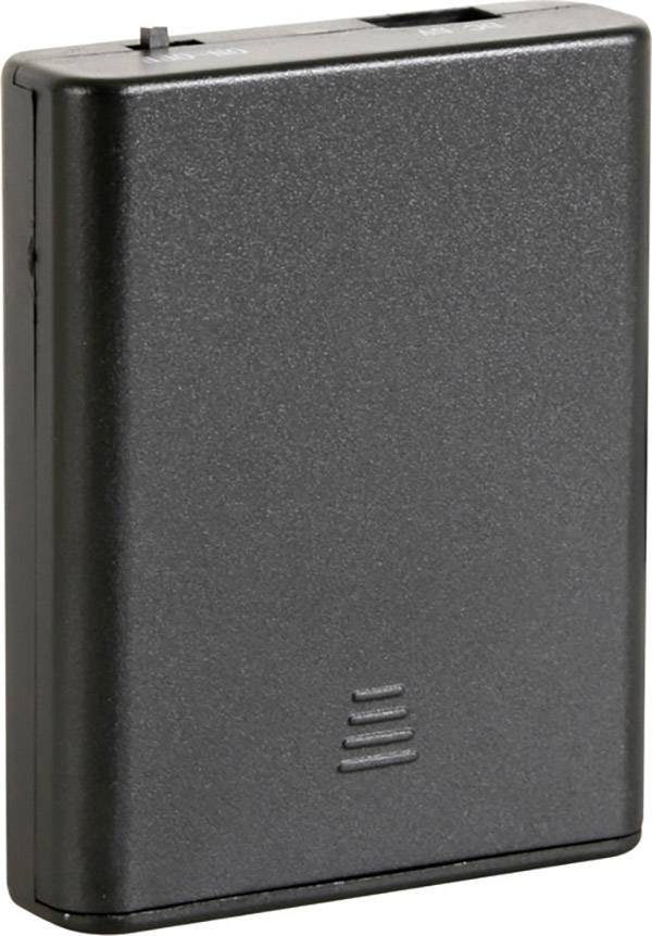 Czarne urządzenie elektroniczne o minimalistycznej powierzchni z przełącznikiem suwakowym na górnej krawędzi.