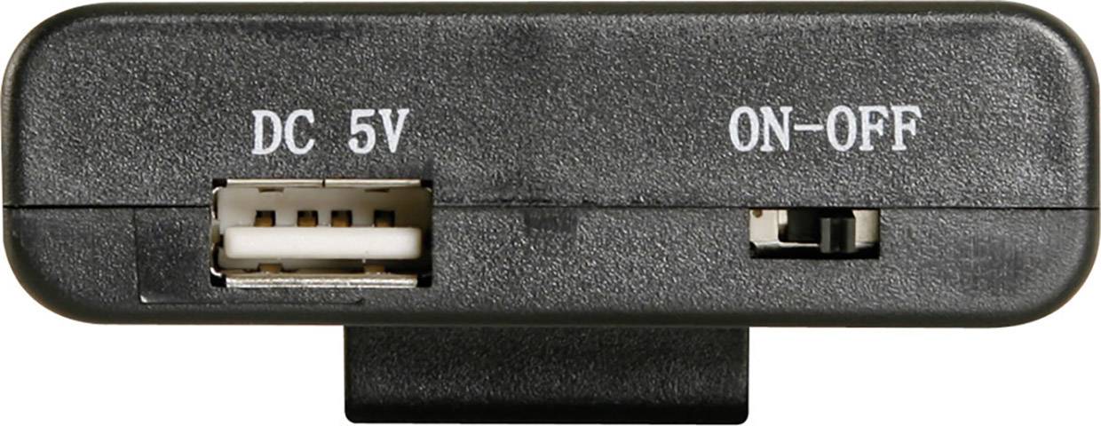 Czarne urządzenie elektroniczne z gniazdami 'DC 5V' i 'ON-OFF', portem USB po lewej stronie i włącznikiem po prawej stronie; służy do zasilania.