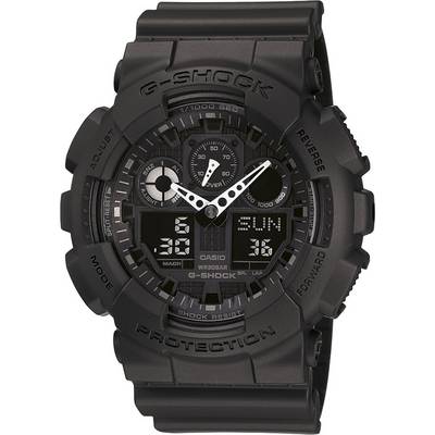 Czarny, cyfrowy zegarek G-Shock z wieloma wyświetlaczami i przyciskami, pokazujący godzinę, datę i różne funkcje.